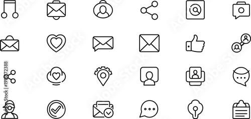 A diverse collection of minimalist black and white outline icons representing various social media, communication, and web interface functions, including messages, likes, shares, user profiles, and no