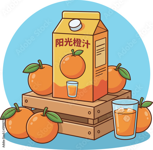 An appealing visual of orange juice glass beside fresh oranges and a carton pack, representing a healthy lifestyle choice with vibrant colors and refreshing vibes.