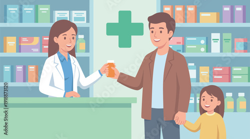 A warm image depicting a pharmacist handing over medication to a father and child in a pharmacy, highlighting care, health, and the importance of family wellbeing.