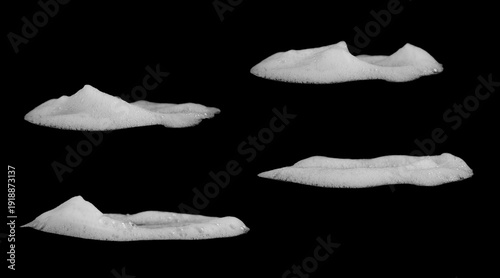 Set of white soap foam isolated on black background, realistic cleaning bubbles texture collection, detergent lather elements for hygiene product advertising, and household cleaning concept.
