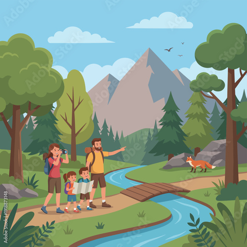 An engaging illustration of a family hiking in a scenic landscape, capturing the spirit of adventure and togetherness in nature, perfect for outdoor lovers and explorers.