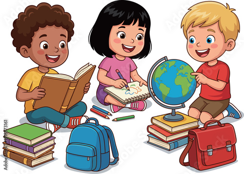 A delightful illustration of three children engaging with books and a globe, emphasizing the joy of learning, friendship, and curiosity in an educational setting.