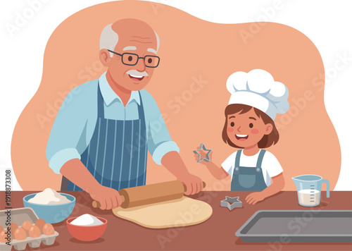 A cheerful grandfather helps his grandchild roll dough, as they create delicious cookies together in a warm, loving kitchen filled with laughter and bonding moments.