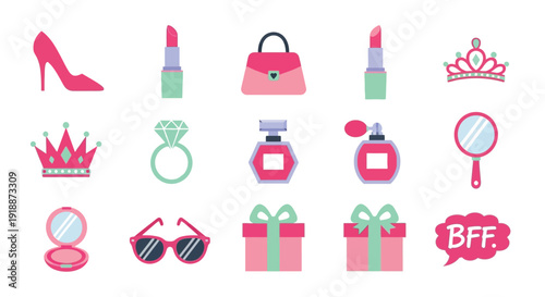 A collection of feminine beauty and fashion icons including high heels, lipsticks, handbags, crowns, rings, perfume bottles, mirrors, compacts, sunglasses, gift boxes, and a BFF speech bubble.