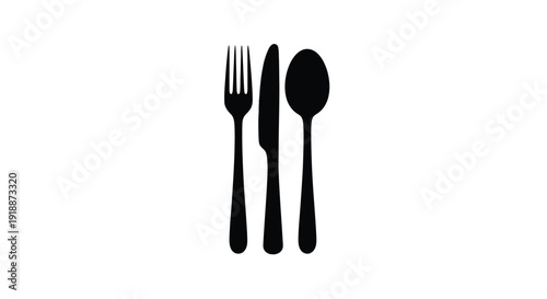 Simple black silhouette graphic of a fork knife and spoon set on white background