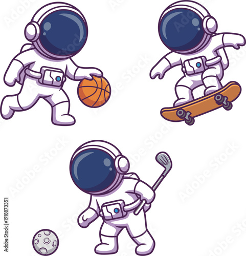 Three playful astronauts engage in different sports activities in space, highlighting fun, movement, and the adventurous spirit of extraterrestrial exploration.