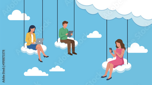This illustrated image features three individuals engaging with digital devices while sitting on fluffy clouds, symbolizing creativity and productivity in a serene environment.