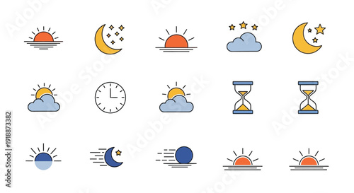 Collection of stylized icons representing celestial bodies, time, and weather phenomena, including sunrises, sunsets, moons, stars, clouds, and hourglasses.