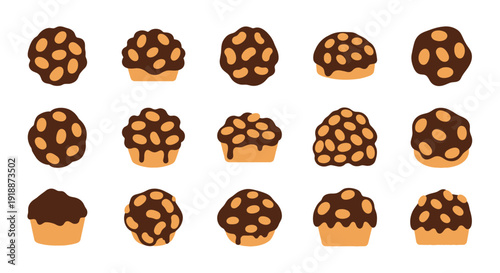 A collection of 15 cartoon-style illustrations of chocolate candies with nuts, arranged in a grid.