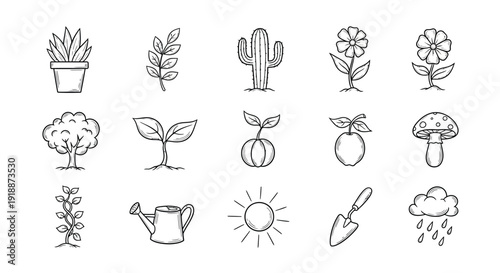 A charming collection of hand-drawn botanical illustrations featuring various plants, flowers, a tree, a mushroom, and gardening tools, set against a white background.