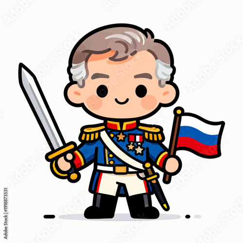 A cute cartoon general in a blue uniform holding a sword and a Russian flag, chibi style.