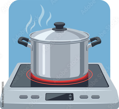 This image captures a stainless steel pot boiling on an induction cooktop, indicating the simple yet vital process of cooking in a modern kitchen.