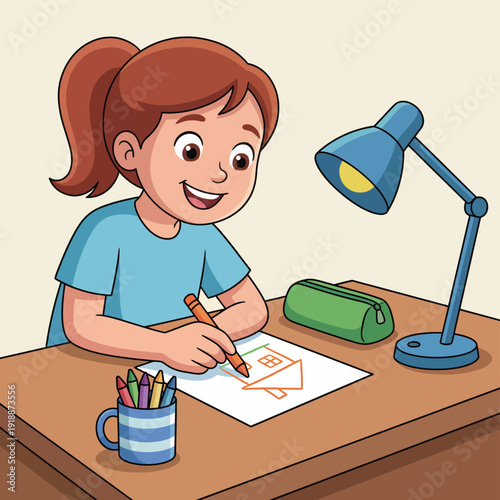 A young girl sits at a desk, happily coloring a drawing of a house. Her bright smile and focused expression showcase the creativity and joy of childhood imagination.