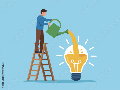 This image illustrates a man watering a light bulb on a ladder, symbolizing the nurturing of ideas and creativity with care, emphasizing growth and development in thought.
