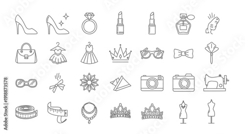 A collection of fashion and beauty-related line art icons, including shoes, jewelry, makeup, clothing, accessories, and sewing items.