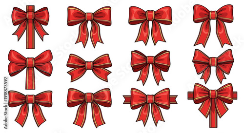 A collection of various red ribbon bows with golden edges, suitable for gifts and festive decorations.