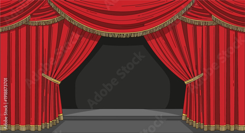 Red velvet stage curtains with gold trim partially open revealing a dark background and stage floor.
