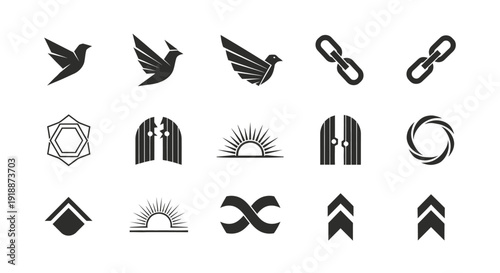 A collection of 15 diverse vector icons including birds, chains, gates, sunbursts, geometric shapes, and arrows.