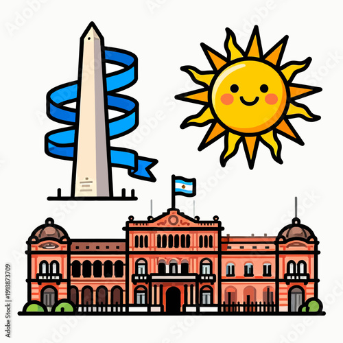 Cartoon illustration of iconic Argentine symbols including the Obelisco, Casa Rosada, and the Sun of May, representing Buenos Aires and national pride.