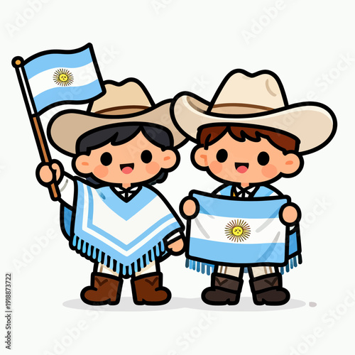 Two cute cartoon children dressed as gauchos proudly holding Argentine flags, celebrating national pride.