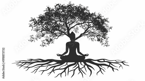 Meditating figure under a tree silhouette vector illustration for various uses