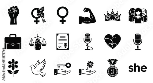 A collection of diverse icons representing women's empowerment, rights, and achievements, including symbols of strength, justice, and success.
