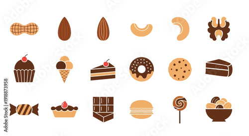 A vibrant collection of flat design icons representing various sweet treats and nuts, including cupcakes, ice cream, cookies, chocolates, and different types of nuts.