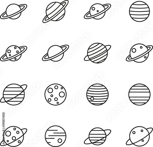 Collection of line art drawings featuring planets and stars in a graphic style
