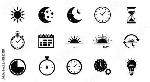 A collection of 15 black and white icons representing time, day, night, and measurement tools.