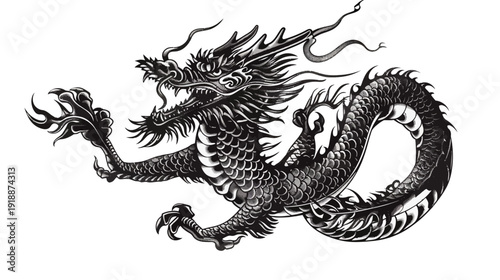 Intricate black dragon illustration on white background vector design