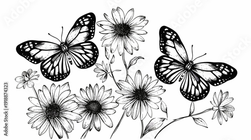 Black and white butterflies and daisies illustration for decorative design