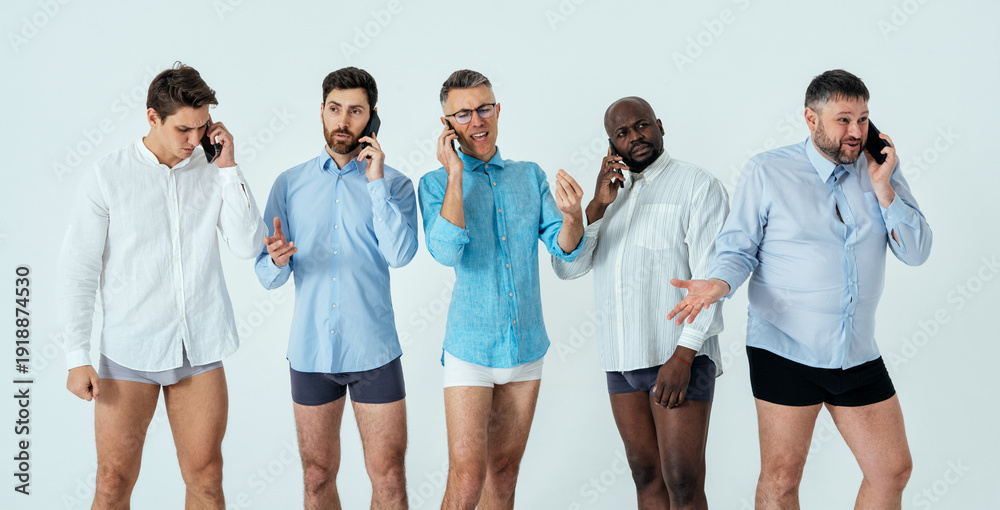 Obraz premium multiethnic men posing for a male edition body positive beauty set. guys with different age, and body wearing boxers underwear and shirt