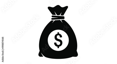 Black and white vector icon representing a tied money bag filled with currency and a dollar sign
