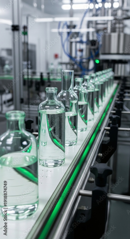 Fototapeta premium Clear glass bottles filled with liquid on an automated conveyor belt system in a factory