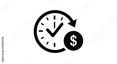 Time management concept showing a clock face with a checkmark and a floating dollar coin icon