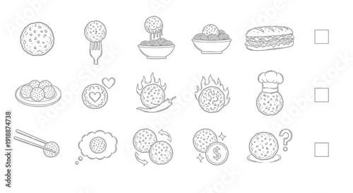 A collection of line art icons depicting various concepts and scenarios related to a circular food item, including eating, cooking, and abstract ideas.