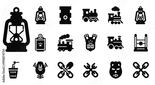 A collection of black silhouette icons featuring various objects including lanterns, trains, barrels, and abstract shapes.