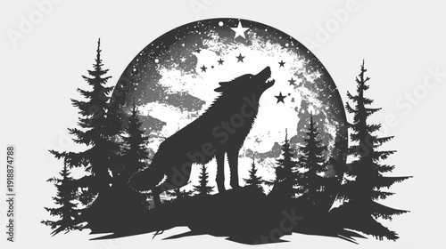 Silhouette of a howling wolf with moon and stars in a natural landscape
