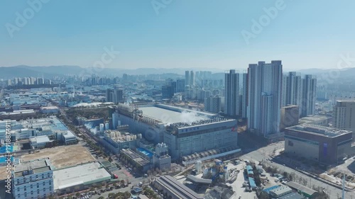 Aerial drone shot of a massive industrial complex and semiconductor factory in Cheongju, South Korea