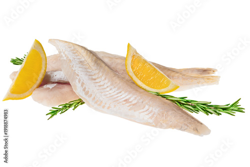 Fresh fish fillets with lemon slices and herbs isolated