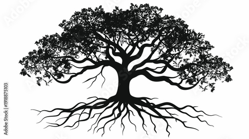 Silhouette of a majestic tree with spreading roots and lush foliage
