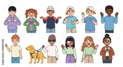Diverse Group of Children with Disabilities Vector Illustration Set