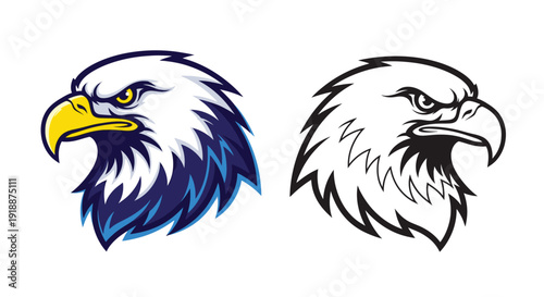 Two distinct artistic renderings of a fierce bald eagle head side profile showcasing a mascot design