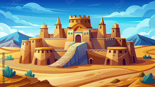 Cartoon vector illustration of a large desert fortress on sand hills with wide open space and clean flat style