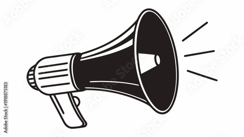 A black and white illustration of a megaphone emitting sound waves, depicted from a side view, conveying loud announcement or public speaking.