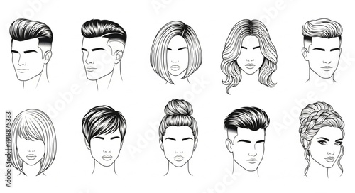 Collection of diverse hairstyles for men and women illustrated in sketch style.