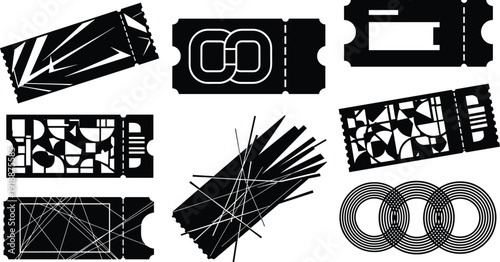 Abstract ticket icon collection with geometric patterns and modern shapes, black event admission pass silhouettes and creative voucher templates isolated on white background