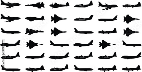 Aircraft silhouettes collection vector featuring commercial airplanes, military fighter jets and propeller planes, black aviation icons set isolated on white background