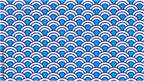 真ん中の丸の中の色が異なる青海波の和風バックグラウンド　色変更可能