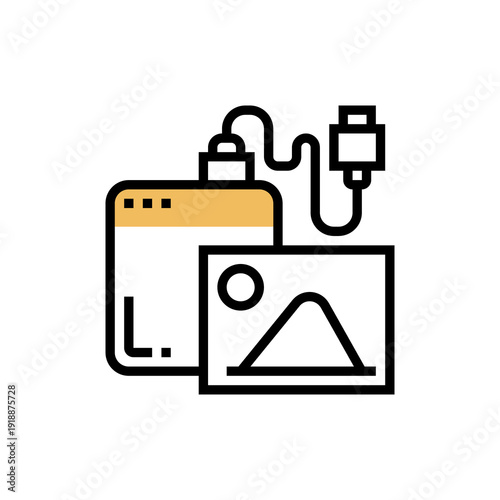 Icon showing photo transfer from digital camera via cable to computer representing image backup photography workflow data migration and multimedia file management in clean flat line art style design